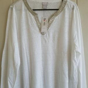 Chico's 3 XL Long Sleeve Knit Beaded Shirt  Stretch Natural Fibers White NWT